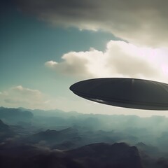 Obraz na płótnie Canvas UFO flying through clouds 1950's style