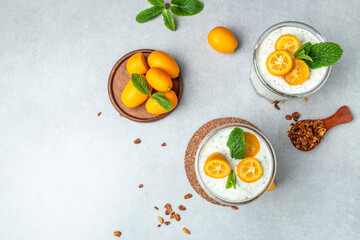 Kumquat chia pudding yogurt on a light background. healthy breakfast. banner, menu, recipe place for text, top view