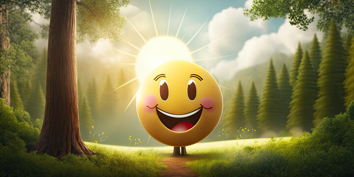 A happy, joyful emoji in a realistic forest at sunset - Generative AI