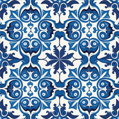 Retro Azulejo Mosaic Tile, Vintage Portuguese Wall Ceramic Seamless Pattern, Old Blue Tiles Background