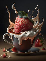 Coffee and hot chocolate with creme fraiche strawberries and marshmallows, Ai generated
