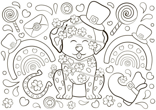 Cute coloring page for St Patrick's Day with Dalmatian character in shamrock garland and lucky hat, printable game for kids, black and white doodle for children