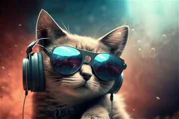 funny cat in headphones with sunglasses in bright colors vibrant splashes.generative ai