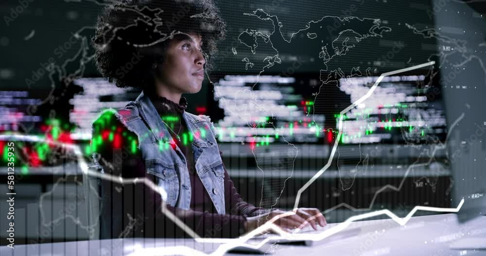 Poster Finance, double exposure and black woman with a computer for stats, data analysis and investment. Stock market, future and employee doing research on economy growth, trading and stocks with overlay