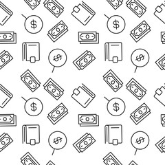Fototapeta premium Seamless vector monochrome pattern of money, wallet, dollar in magnifying glass for covers, shops, wrappers, sites, apps