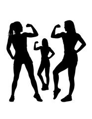 Strong girl showing her biceps silhouette, bodybuilding pose gym sport training black shadow