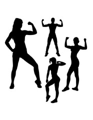 Naklejka na ściany i meble Strong girl showing her biceps silhouette, bodybuilding pose gym sport training black shadow