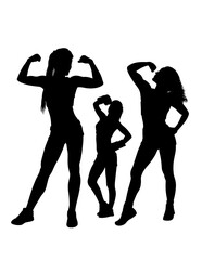 Strong girl showing her biceps silhouette, bodybuilding pose gym sport training black shadow