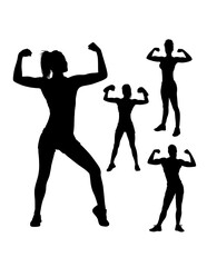 Strong girl showing her biceps silhouette, bodybuilding pose gym sport training black shadow