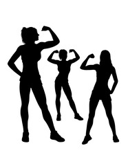 Strong girl showing her biceps silhouette, bodybuilding pose gym sport training black shadow