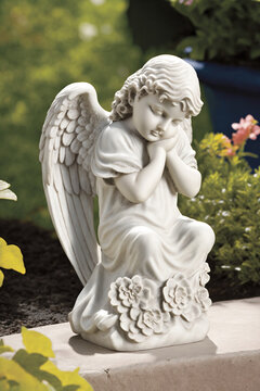 Praying Angel Statue in Tranquil Garden