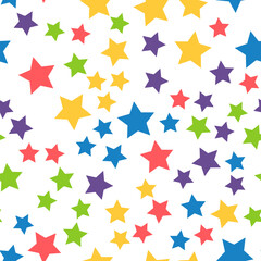 Seamless repeating pattern of yellow, blue, green, red stars for fabric, textile, papers and other various surfaces