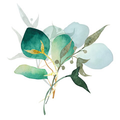 Bouquet of watercolor green leaves and eucalyptus branch. Hand drawn illustration isolated on white background. Botanical illustration.