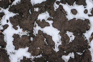 The texture, the background of white snow lies on the dug-up brown earth, soil. Close-up photography, nature, agriculture.