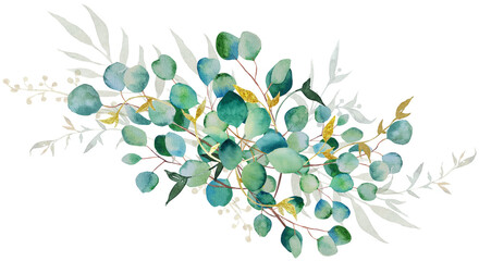 Bouquet of watercolor green leaves and eucalyptus branch. Hand drawn illustration isolated on white background. Botanical illustration. © Юлия Булатова