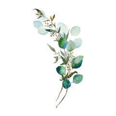 Bouquet of watercolor green leaves and eucalyptus branch. Hand drawn illustration isolated on white background. Botanical illustration.