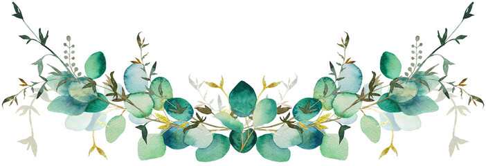 Wreath of watercolor green leaves and eucalyptus branch. Hand drawn illustration isolated on white background. Botanical illustration.