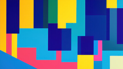 Geometric abstract composition of blue, green, yellow, and pink shapes. Generative AI