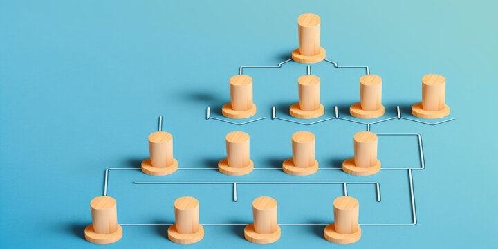 Organizational structure, the idea of human resource management, success, employment, and position. HR organizational structure, business. Blue background with wooden parts - Generative AI