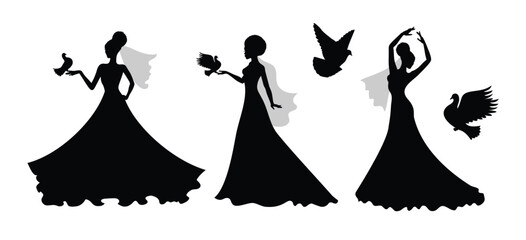 Set of vector silhouettes of an afro bride with a bird. 