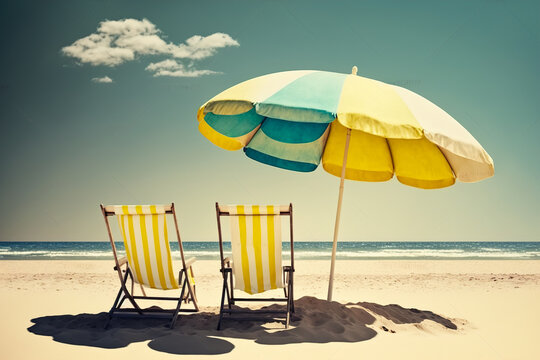 Umbrella and two chairs on the beach, prepared for sunbathing by the water. The concept of holidays and a good holiday. Generative ai