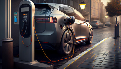 Fototapeta na wymiar Electric car charging on the street. Generative Ai