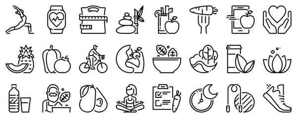 Line icons about healthy lifestyle on transparent background with editable stroke.