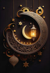 Islamic festive holiday design. Eid Mubarak. Crescent moon with star, Generative AI. 5