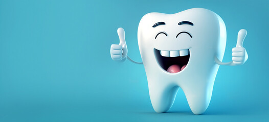 happy tooth cartoon character with thumbs up on blue background. oral health, dental check up. banner with copy space. generative AI