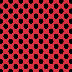 Seamless Backdrop with big Polka Dot pattern. Polka dot fabric. Casual stylish black polka dot texture on coral background. Abstract and textures.