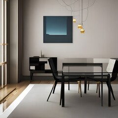 A minimalist room with a glass table and four chairs The table is unadorned, and the chairs are white A large painting hangs on the wall, and the floors are lined with a white rug2, Generative AI