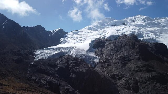 An aerial shot of the Huaytapalla snowcapped mountains in a sunny noon with a clear sky. The place is located in Huancayo, Peru