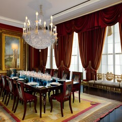  A regal room with a long, mahogany table and twelve chairs The table is set with crystal stemware and shining silverware A large chandelier hangs over the table, and the walls are covered in rich, da