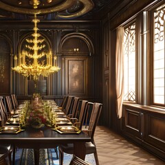 A long, narrow room with a dark wood table and eight chairs A candelabra hangs over the table, and the walls are lined with dark wood cabinets1, Generative AI