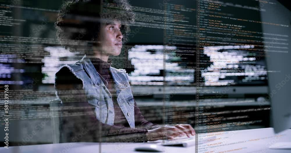 Poster Woman, programming and coding at night on dashboard for computer software or application at office. female programmer working late on code or program for cybersecurity, UX or UI hologram at workplace