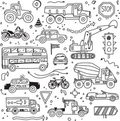 Cute transport doodles collection, hand drawn vector illustration