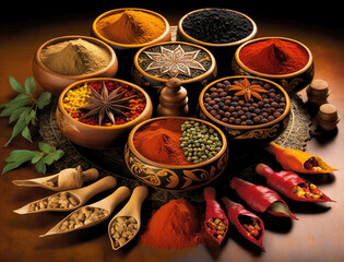 An array of exotic spices ready to be used in a delicious dish. Lifestyle concept. AI generation.