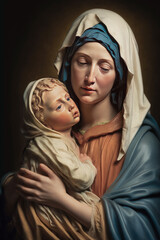 Virgin Mary Holding Baby Jesus in Renaissance Style, AI Generative