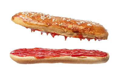 Buns with ketchup isolated on white