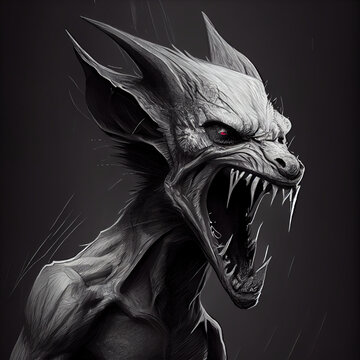 Scary Chupacabra - A Haunting Black and White Depiction of the Legendary Chupacabra, The Notorious Blood-Drinking Beast - Generative AI