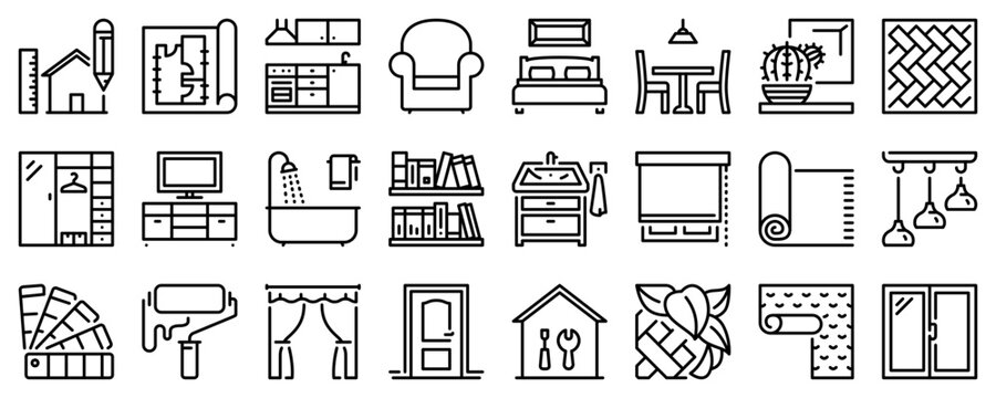 Line icons about home decoration on transparent background with editable stroke.