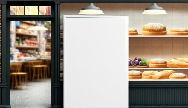 generic supermarket bakery or grocery and sweets shop with blank empty signboard mockup - Generative AI