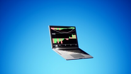 3d illustration of laptop open with graph stock market trading on blue background vignette