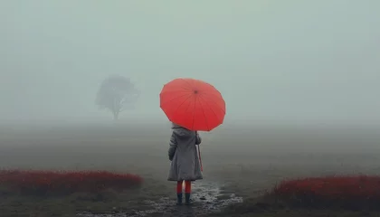 Gordijnen A single person walking in the rural countryside in the cold foggy rain, with a red umbrella. Generative AI. © Elle Arden 