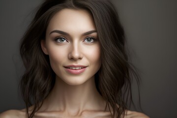 Obraz premium Beautiful woman brunette beauty close-up portrait on gray background. Generative AI