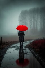 A single person walking in the rural countryside in the cold foggy rain, with a red umbrella. Generative AI.
