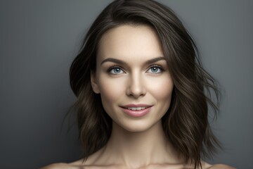 Obraz na płótnie Canvas Beautiful woman brunette beauty close-up portrait on gray background. Generative AI