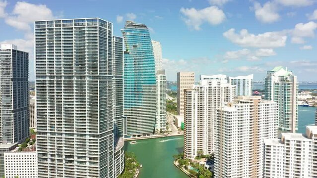 Aerial view of Miami, Florida, with slow camera pull-back. Miami is a majority-minority city and a major center and leader in finance, commerce, culture, arts, and international trade.