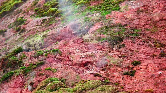 Geothermal Area in Iceland, Natural Hot Spring and Red Minerals Rocks, Boiling Clear Water in Sulfur Valley, Natural Miracle Deildartunguhver Thermal Area, Shot in 8k Resolution 4320p