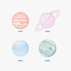 Planets in solar system. Moon and the sun, mercury and earth, mars and venus, jupiter or saturn and pluto. astronomical galaxy space. engraved hand drawn in old sketch, vintage style for label.